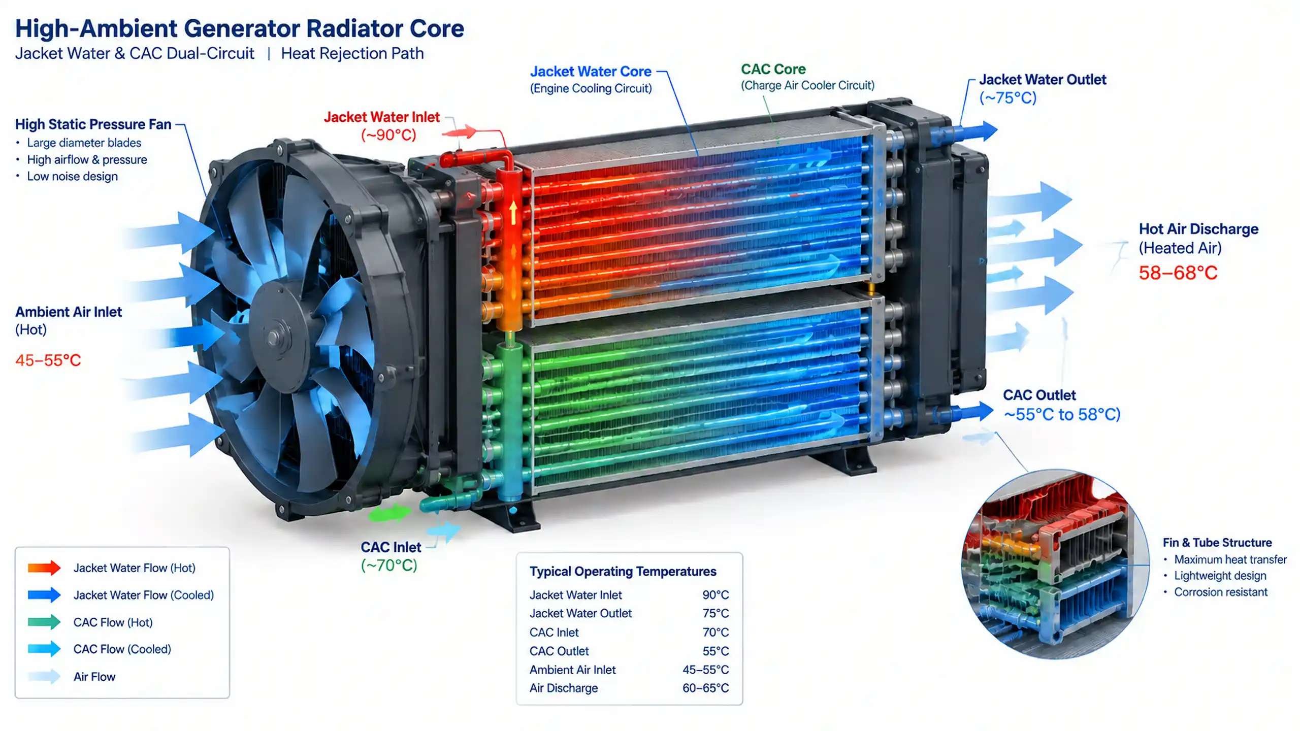 Technical diagram showing 50°C air inlet, jacket-water and charge-air circuits, core depth and fan static pressure for a 2000kW generator radiator.