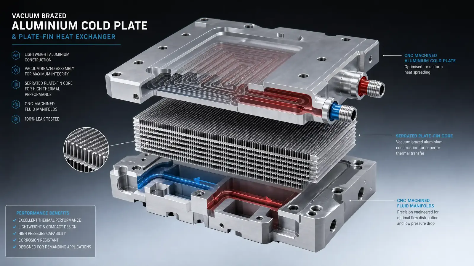 Custom OEM ODM vacuum brazed aluminium radiator and cold plate assembly with high-density plate-fin core for semiconductor liquid cooling.