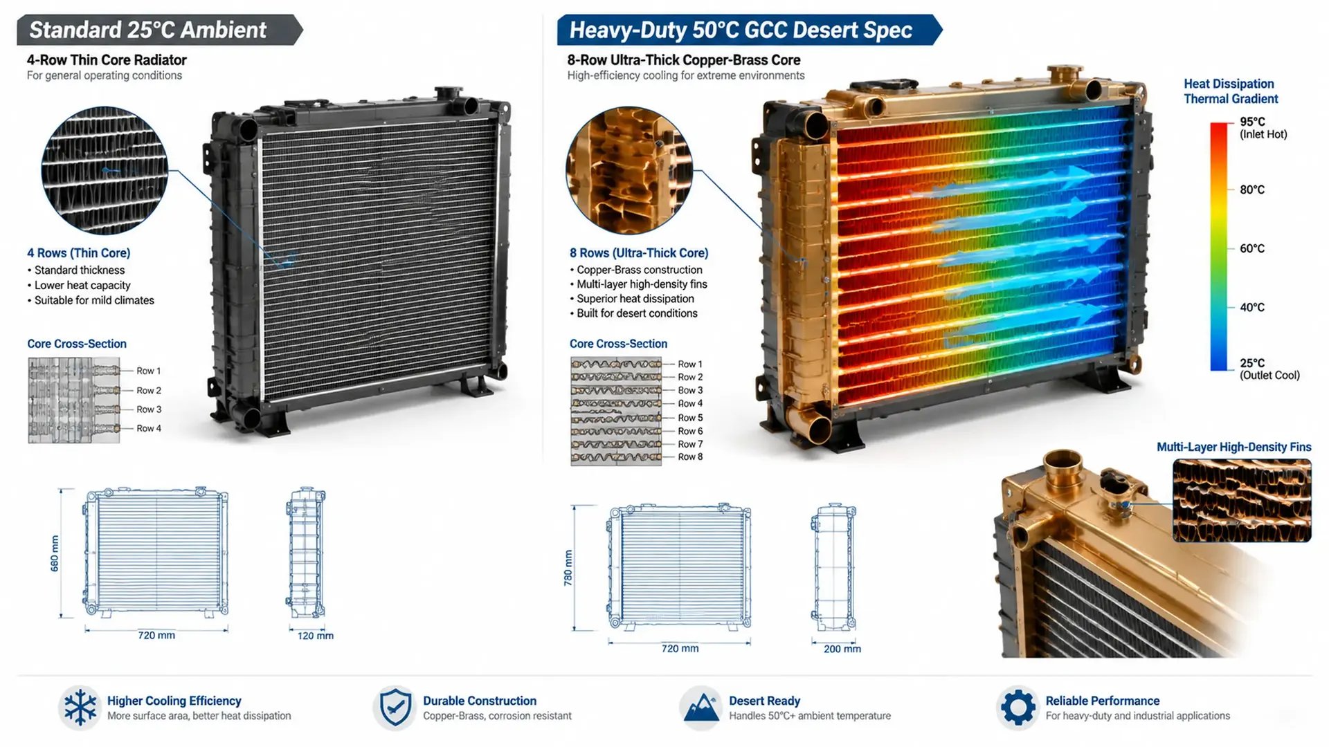 Technical CAD comparison between standard 4-row radiator (120mm) and heavy-duty 8-row copper-brass radiator (200mm) for 50C ambient GCC desert generator sizing.