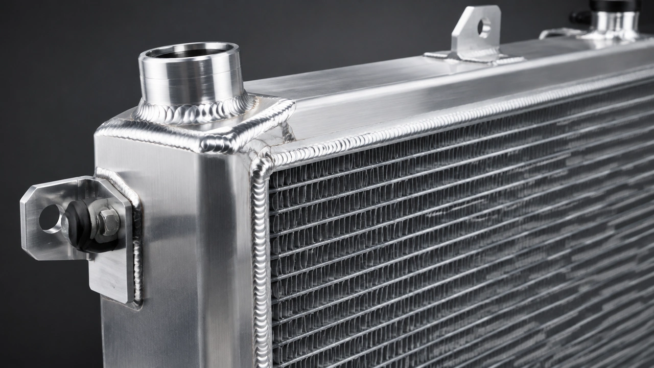 Heavy-duty fully welded aluminum excavator radiator with reinforced header tank and structural mounting points