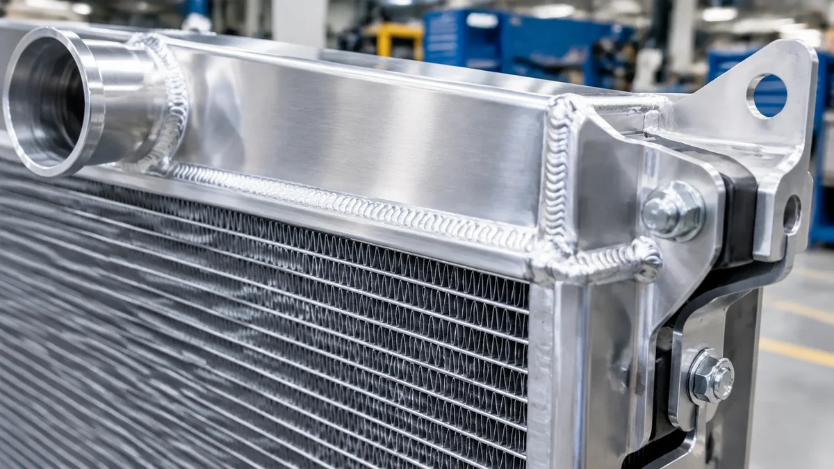Heavy-duty reinforced aluminium radiator assembly with TIG-welded tanks and reinforced mounting joints for Komatsu mining excavators.