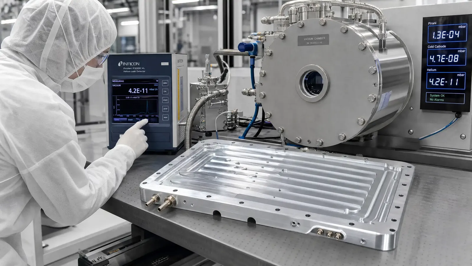 100% helium mass spectrometer leak testing on custom vacuum brazed plate-fin heat exchanger ensuring high-sensitivity leak detection.
