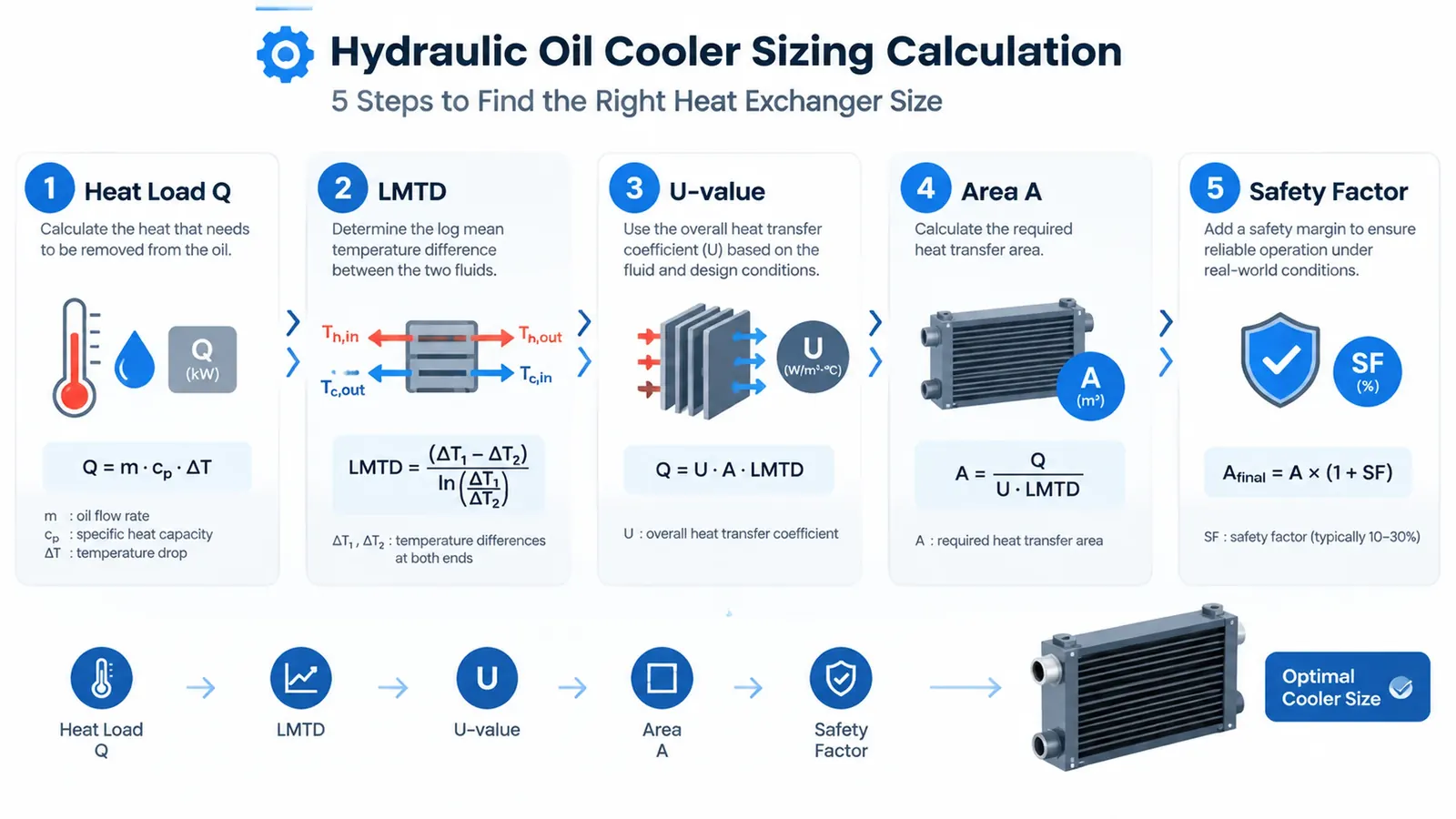 5-step sizing calculation flowchart for hydraulic oil cooler including Heat Load Q, LMTD, U-value, and Area formulas