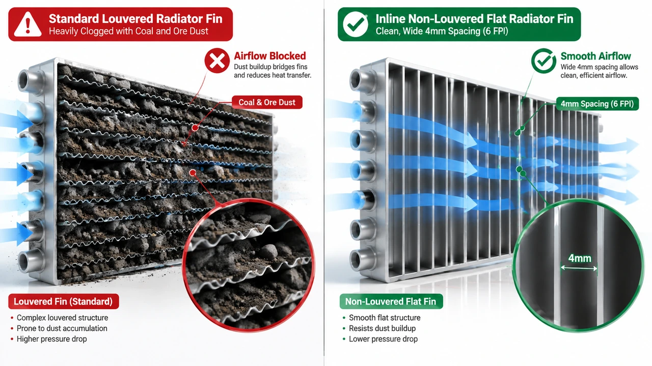 Technical comparison showing how 4mm wide spacing non-louvered flat fins prevent coal and ore dust clogging in heavy-duty mining radiators compared to louvered fins.