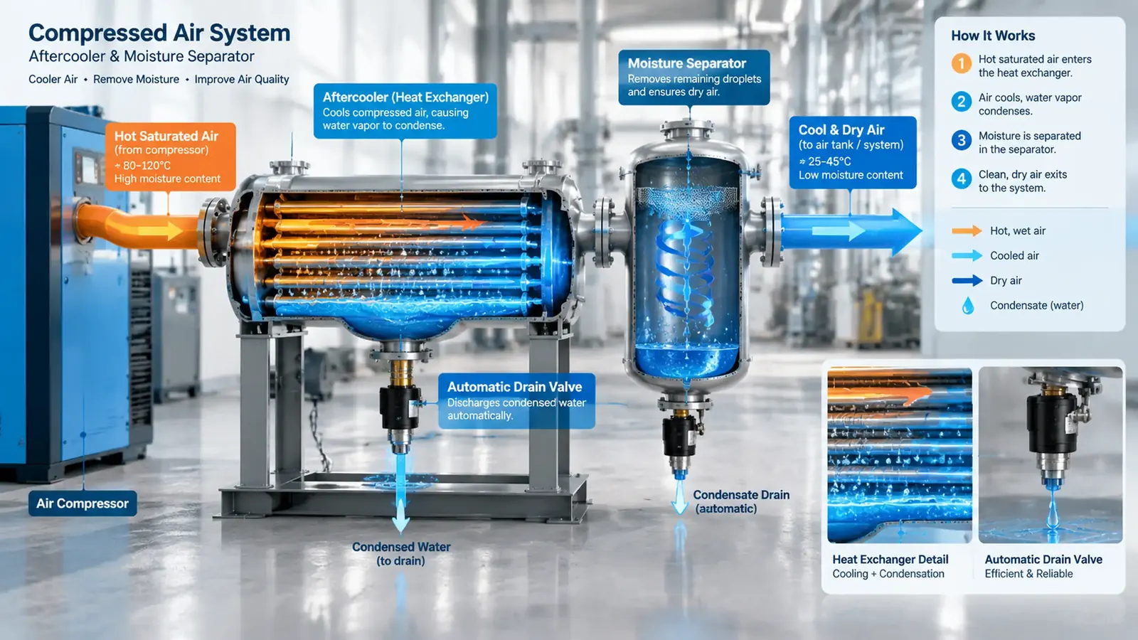 Technical diagram explaining why water is in compressed air lines after the aftercooler due to high CTD and drain valve failure.