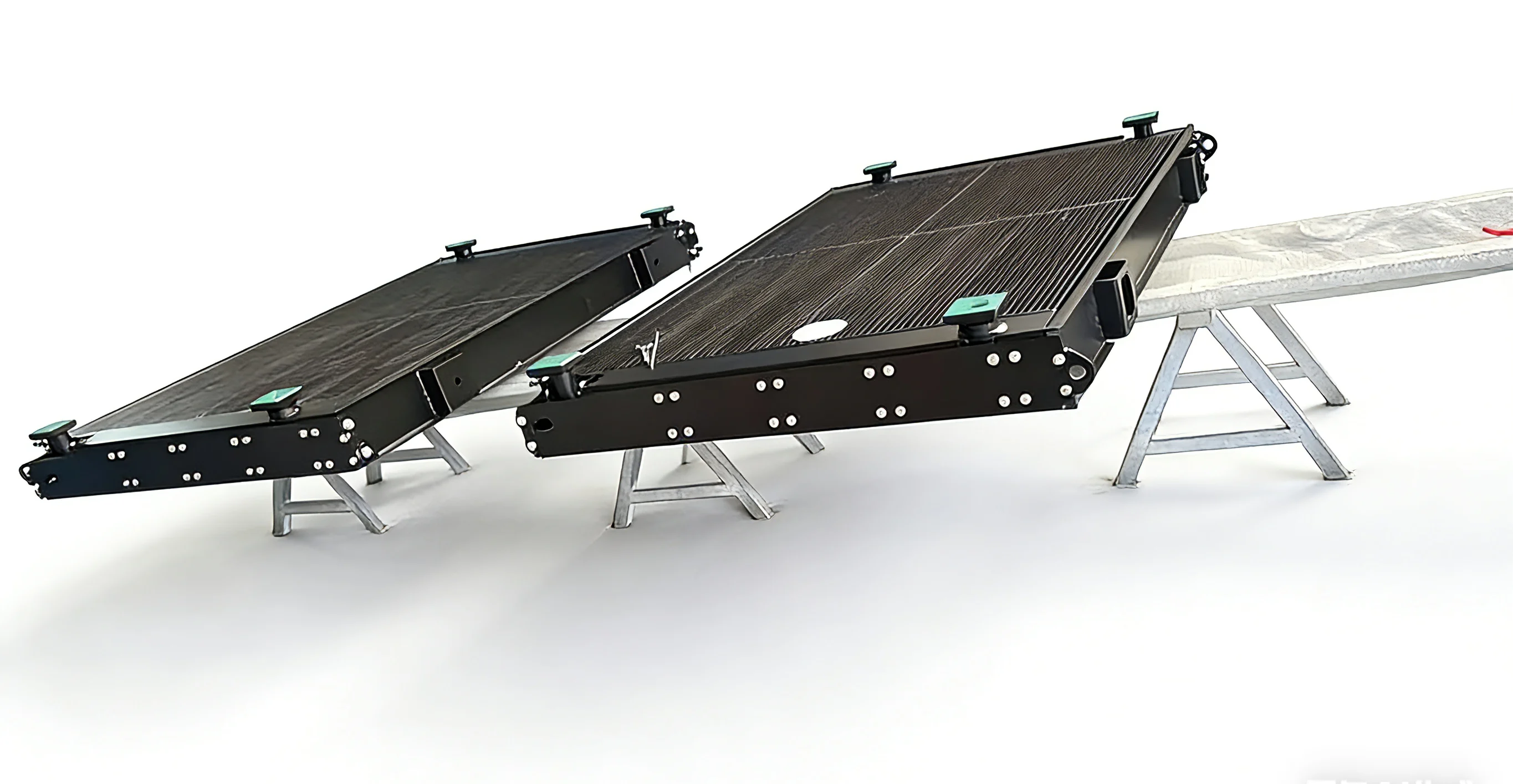 Pair of high-performance custom railway engine oil coolers, manufactured with aircraft-grade aluminum.