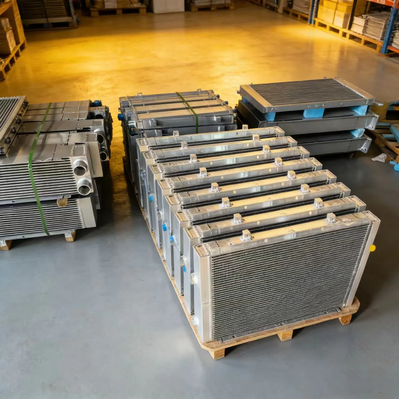 Spacious industrial radiator manufacturing factory and warehouse inventory showing rows of OEM aluminum heat exchangers on pallets