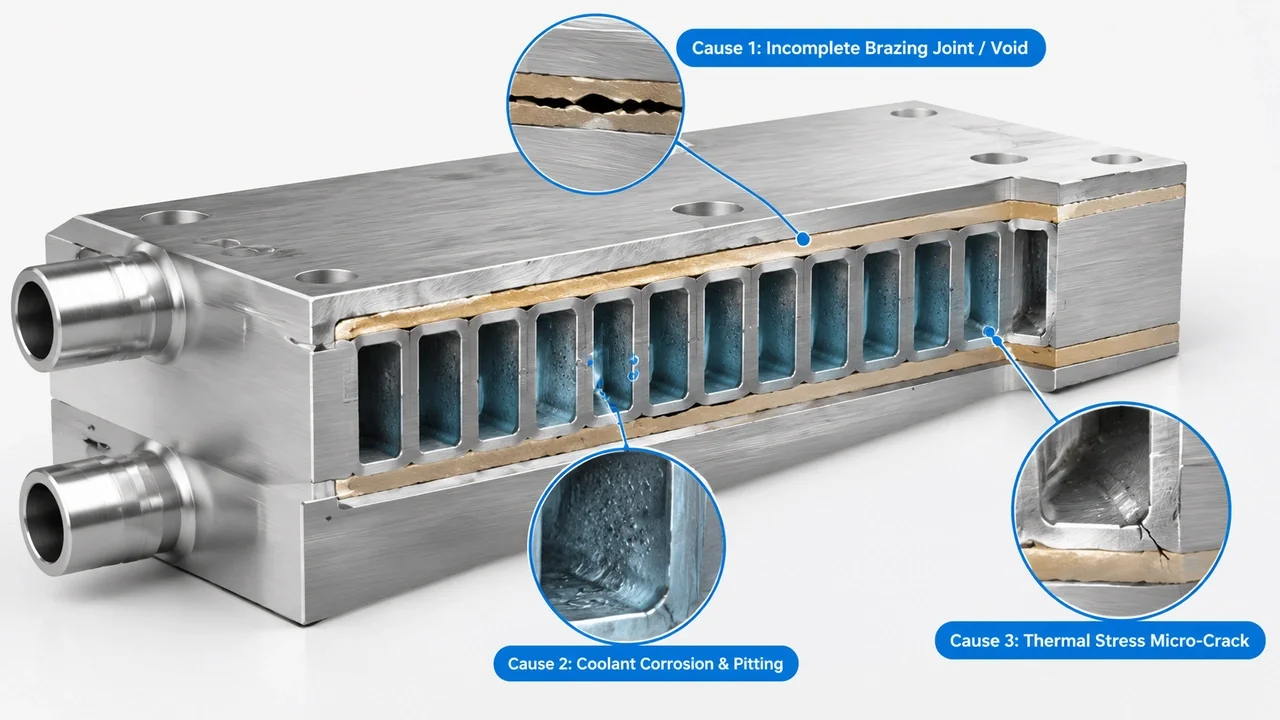 Cross-section diagram illustrating 3 common causes of internal leakage in vacuum brazed liquid cold plates