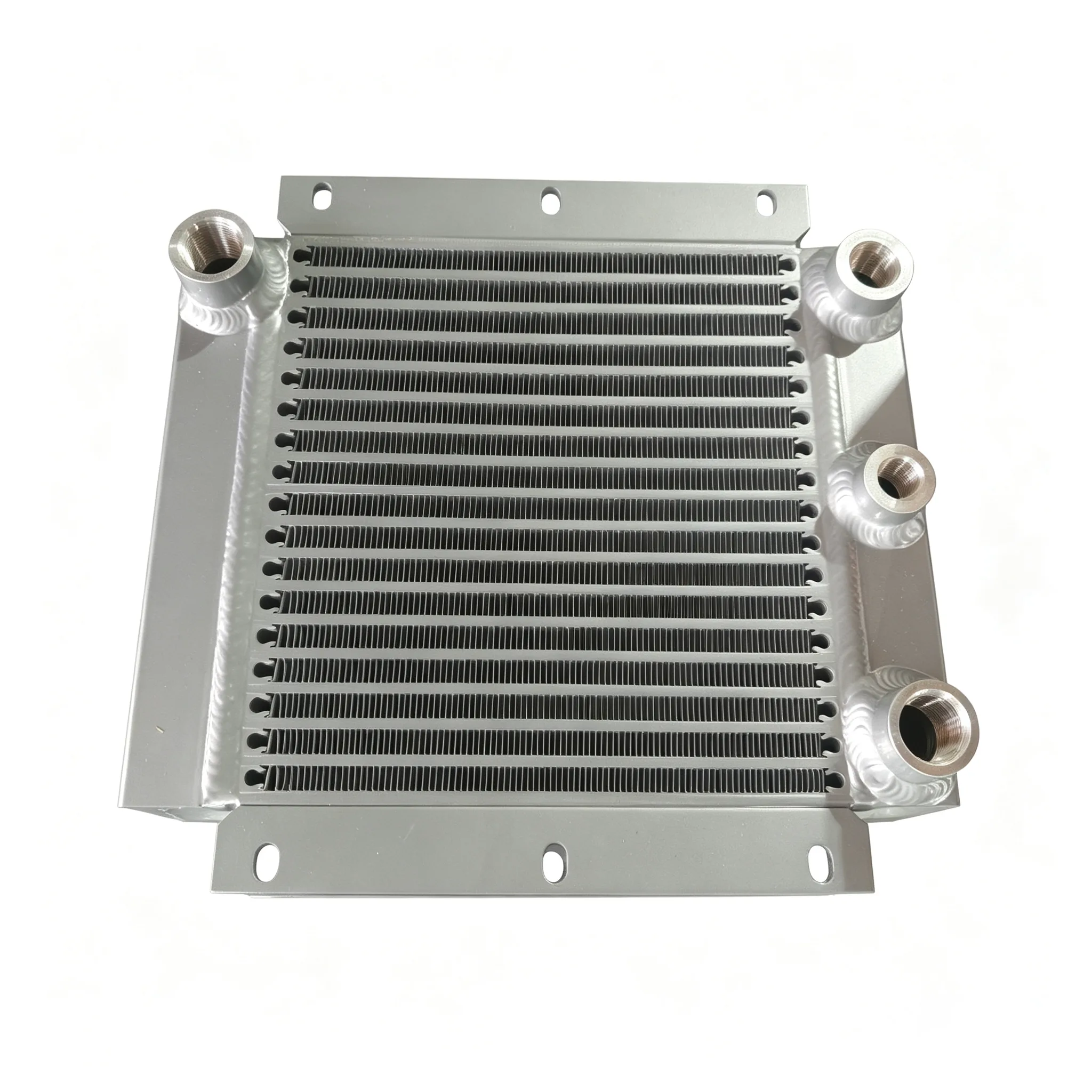 Custom-made silver plate-fin aluminum oil cooler with four female threaded connection ports.
